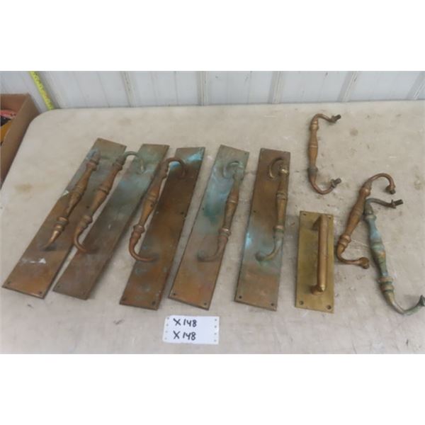 5 Large Brass/ Copper Door Pulls 18" Long, 3 Extra Handles, 1 Cool Brass Door Pull with Etched Desig