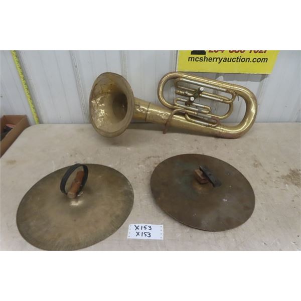 Pair of Brass Marching Band Cymbals, Brass Horn - Wall Hanger