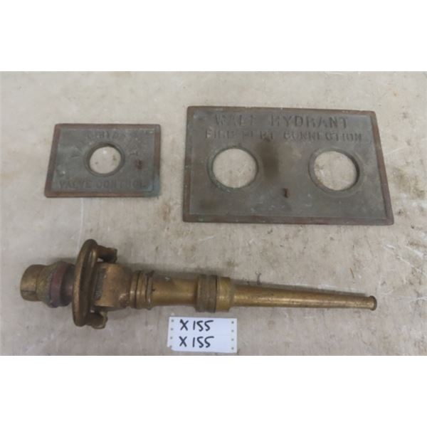 2 Brass Wall Hydrant Valve Control Plates + Brass Fire Hose Nozzle 21" Long 