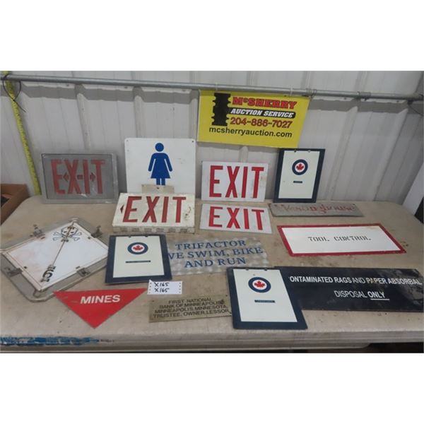 Assorted Signs ; (4) Exit, Westinghouse, Women's Bathroom, Mines, Trailer Multi Panel Warning Sign