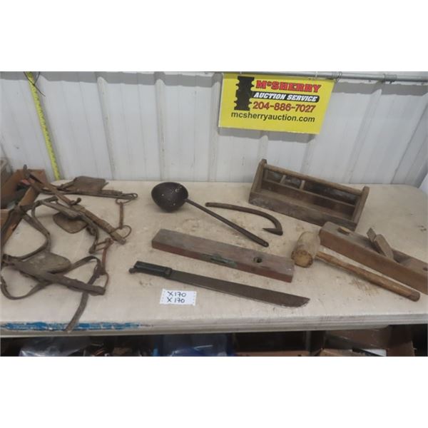 Cast Iron Ladle, Wooden Tool Box, Level, Plane, Machete, Horse Bridle