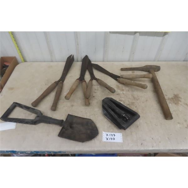 4 Pair of Hedge Trimmers, 2 Folding Shovels, Pick Hammer