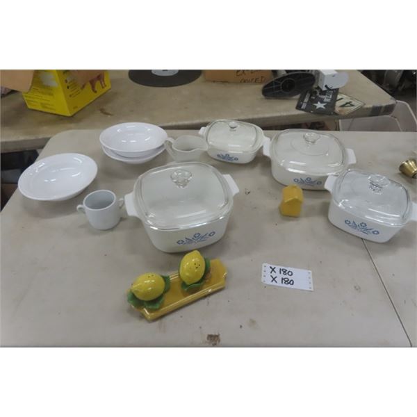 4 Corningware Covered Serving Dishes, Bowls, Lemon Salt + Pepper Shakers