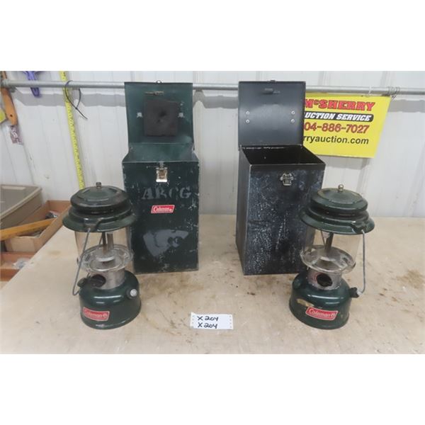 Pair of Coleman Model 290A Oil Lanterns with Metal Cases