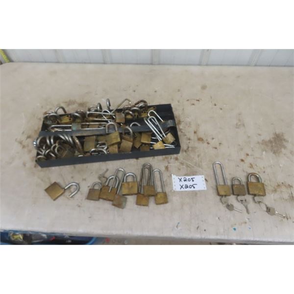 Approximately 50 Brass Micota Pad Locks - 3 Different Sizes - Each Size Keyed the Same