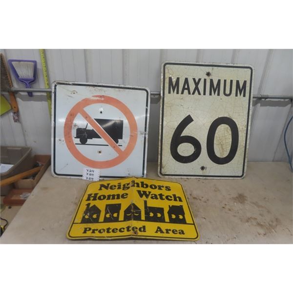 3 Vintage Traffic Signs ; Maximum 60, No Heavy Trucks, Neighbourhood Watch - Largest 24" x 29.5"