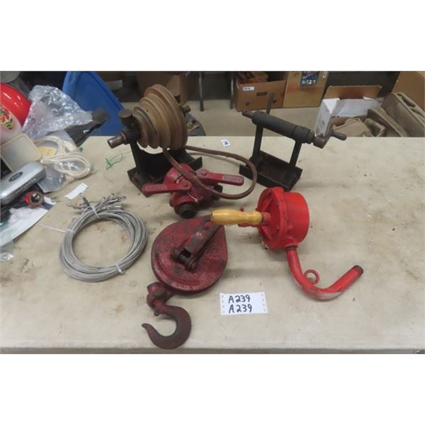 Angus 2 Hose Splitter, Crosby Hook Pulley, 2 Cast Iron Pulley Items, Barrel Pump