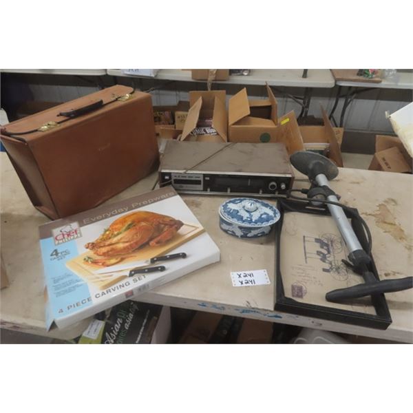 Stereo Receiver, Leather Case with Handle, 4 pc Carving Set, Bike Pump