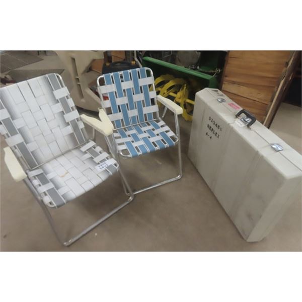 2 Folding Lawn Chairs + Heavy Plastic Travel Case 8" x 26" x 35" 