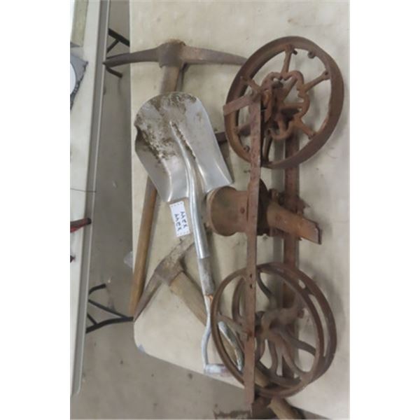 Vintage Cast Seeder, 2 Picks, Shovel