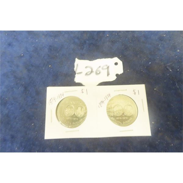  (2) Canada 1 Dollar Coins; Winnipeg 100 1874 - 1974