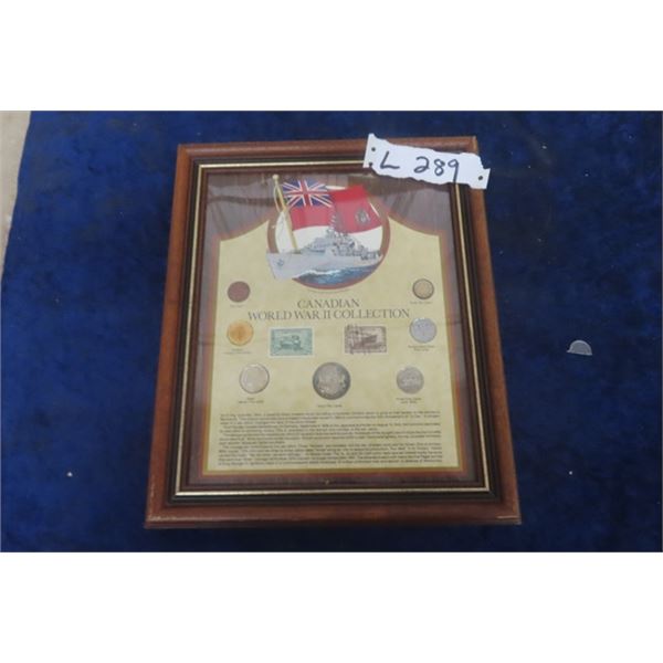 Canadian World War II Collection of Stamps + Coins - Framed Up 