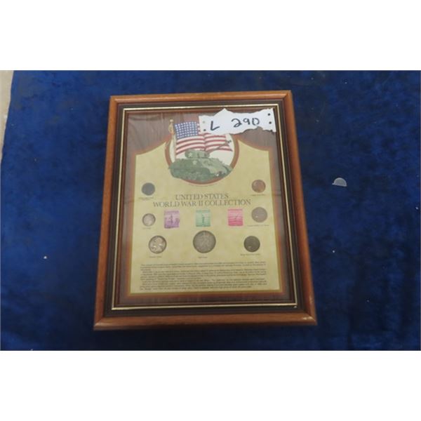 USA World War II Collection of Stamps + Coins - Framed Up