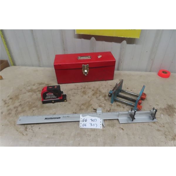 Metal Tool Box, Wooden Vice, Jobmate Laser Level, Mastercraft