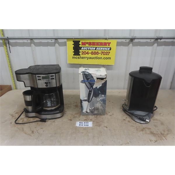 3 Kitchen Appliances ; Hamilton Beach Coffee Maker, Waring Pro Juice Extractor, Beaumark Hand Blende