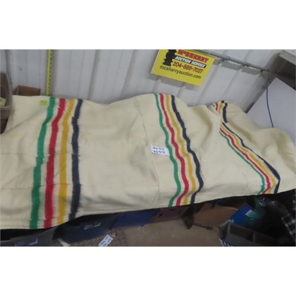 Unusual Vintage Traditional Hudson's Bay Wool Blanket  Made of Factoey Scraps & Sewn Together like a