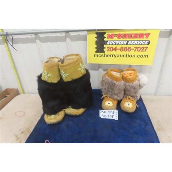 2 Pairs of First Nations Beaded Mukluks ( his + hers) Both Pairs in Very Good Condition with Real Fu