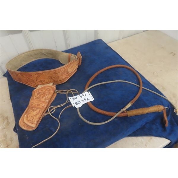 Vintage Tooled Leather Gun Holster (not a toy version) & Vintage Bull Whip