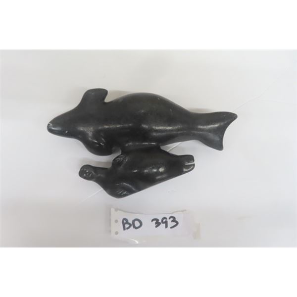 Vintage Indigenous Soapstone Depicting Merman Spirit Carrying Whale on its Back- Signed + Dated 9" L
