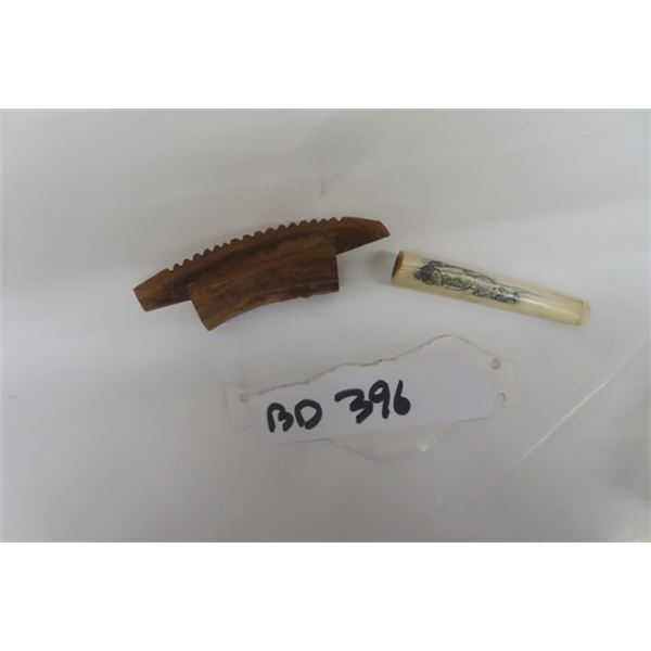 Vintage Inuit Bone Cigarette Holder with Dog Sled Scrimshaw + Inuit Caribou Antler Hide Scraper