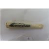 Image 2 : Vintage Inuit Bone Cigarette Holder with Dog Sled Scrimshaw + Inuit Caribou Antler Hide Scraper