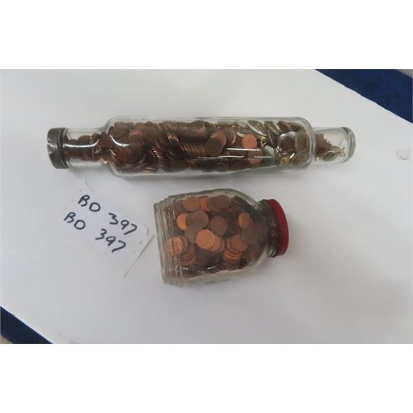 Antique Glass Rolling Pin Full of Stuff from Grampa's Junk Drawer: Coins, Jewelry plus more! & Antiq