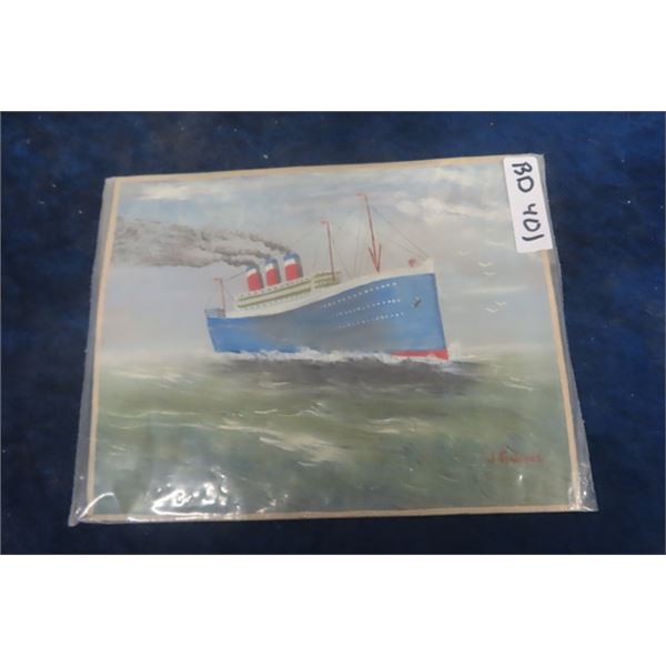Original Old Folk Art Painting of Ocean Liner At Sea 9"×12"