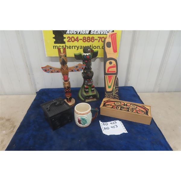 Vintage Haida First Nations Lot: Totem Poles, Wooden Wall Plaque- Signed, Wooden Box, Unique Lidded