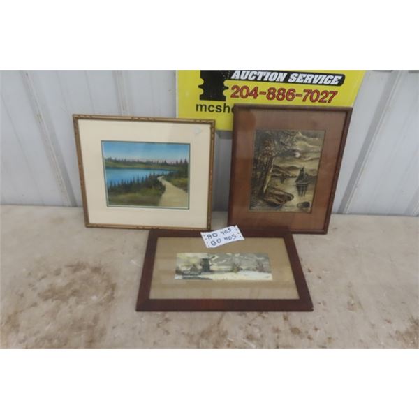 Antique Original Paintings From Early 1900s, 2 Watercolors + 1 Pastel by Wride, 1 Watercolor by M. S