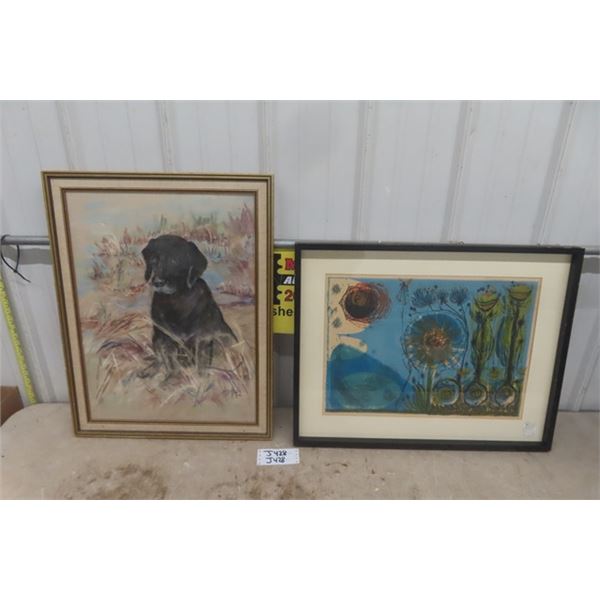 Framed Pastel Drawing of Dog 21"×27.5" + Vintage Framed Water Color 21"×27"