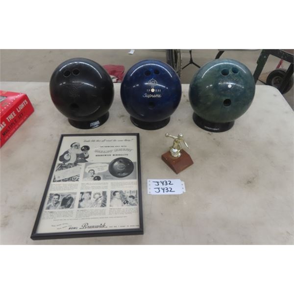 (3) 10 Pin Bowling Balls, Framed Bowling Ball Advertising  Bowling Trophy