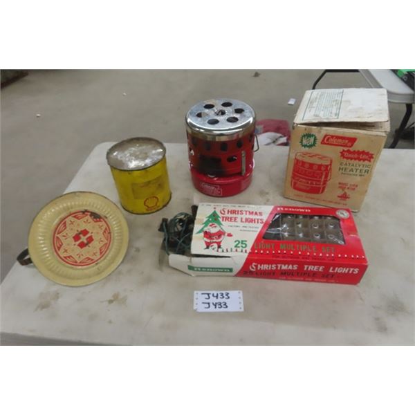 Coleman 3000 BTU Heater, Christmas Lights, Gulf Grease Tin, Stove Stop