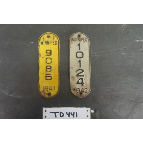 2 Vintage Winnipeg Bicycle License Plates: 1941 + 1942 - 2"×6 1/4"