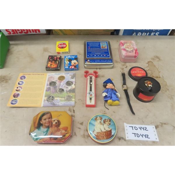 Mickey Mouse Watch + Pen, Lion King Watch, Playing Cards, Animal Coins , 2 Tins