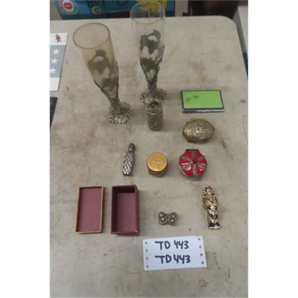 2 Fancy Wire Glasses, Small Jewelry Boxes, Compact