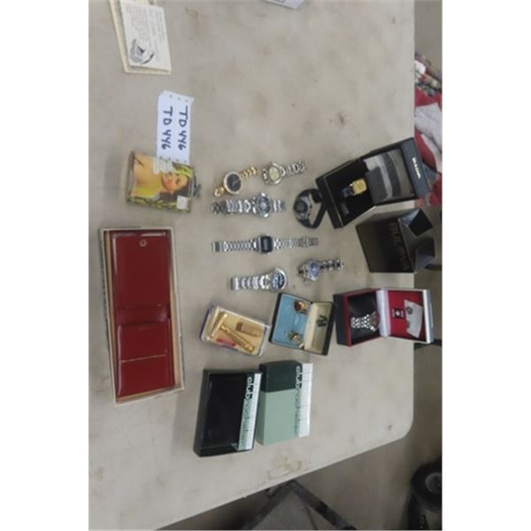 Assorted Mens Watches, 2 Wallets, Razor, Cufflinks, Flask