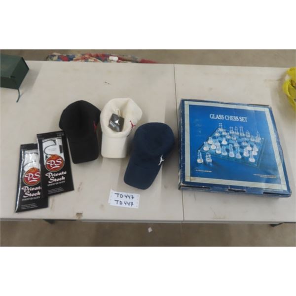 3 Jordan Caps, 2 Pair Private Stock Gloves, Glass Chess Set