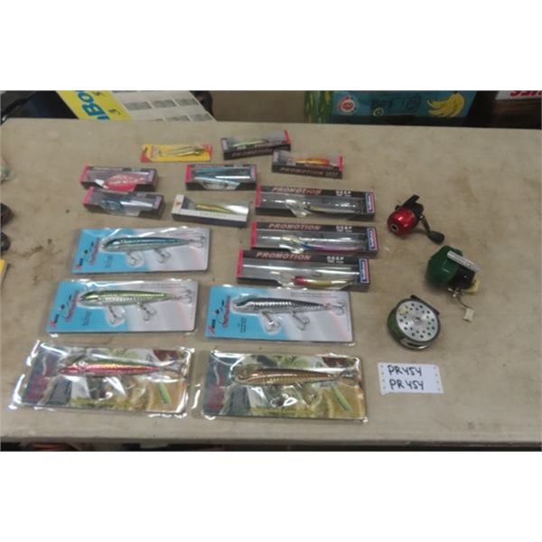 15 Assorted Fishing Hooks - up to 8" + a Couple Fishing Reels