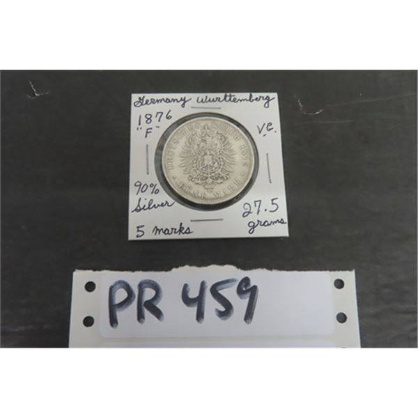 1876 Germany Wurttemberg 5 Marks 90% Silver Coin- 27.5 Grams