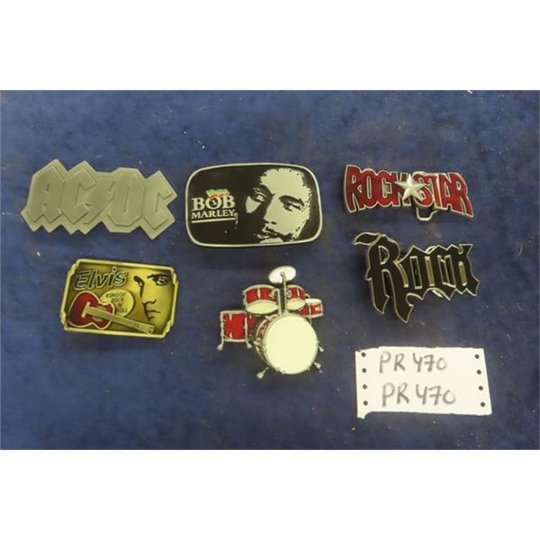 6 Belt Buckles: Rock n Roll- AC/ DC, Bob Marley, Elvis, Drums