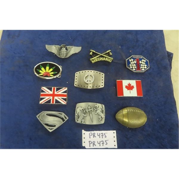 9 Assorted Belt Buckles: Union Jack, Canada Flag, Superman plus more