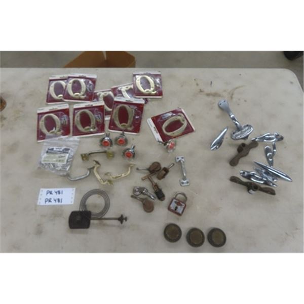 Assorted Boat Hardware: Peterborough Handle, Caster Wheels, Handles, Brass Letters 'Q'
