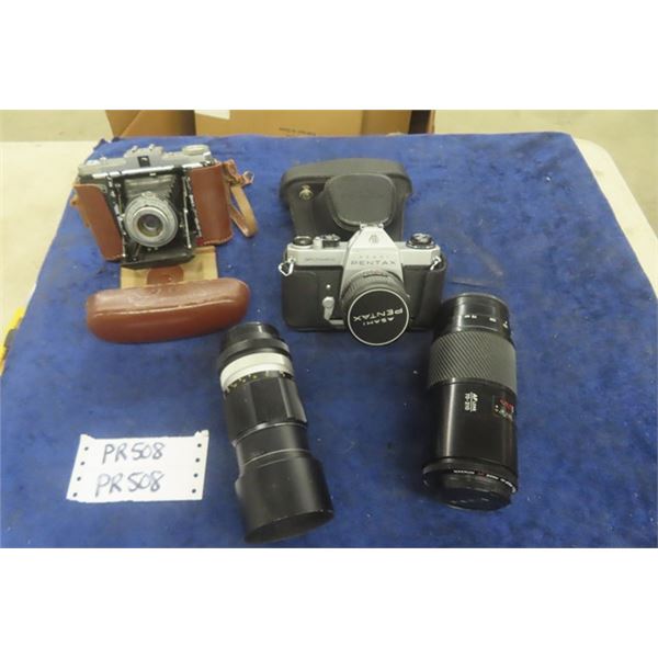 Pentax Spotmatic 35mm Camera, Minolta + Konica Zoom Lenses, Vintage Zeiss Ikon Camera