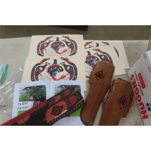 Assorted Indigenous Art ; 4 Prints, 3 Wooden Pieces, Raven Quatsino Artist