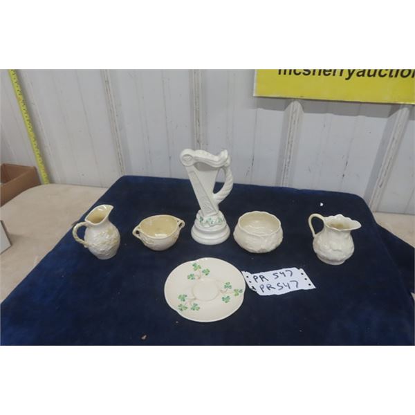6 Belleek Fine China ; 2 Cream + Sugar, Saucer + Harp Ornament 7" Tall 