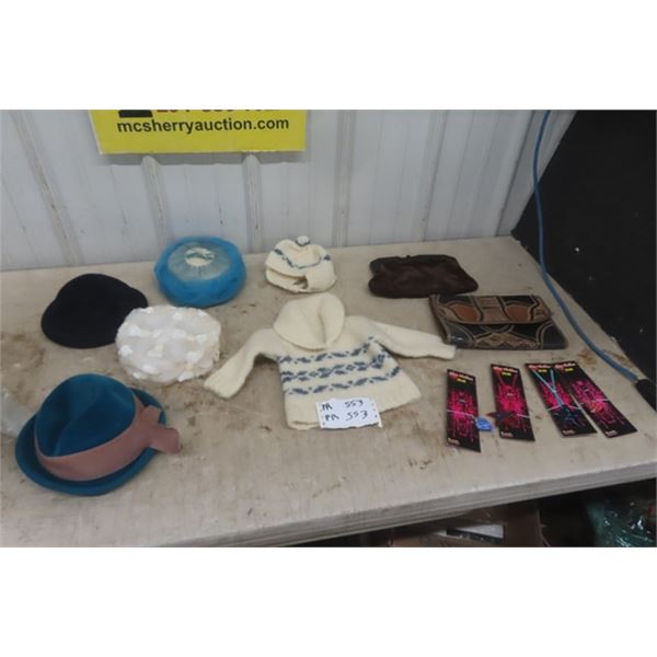 Youth Knitted Sweater + Hat, 4 Vintage Ladies Hats, 2 Purses, 4 Necklaces