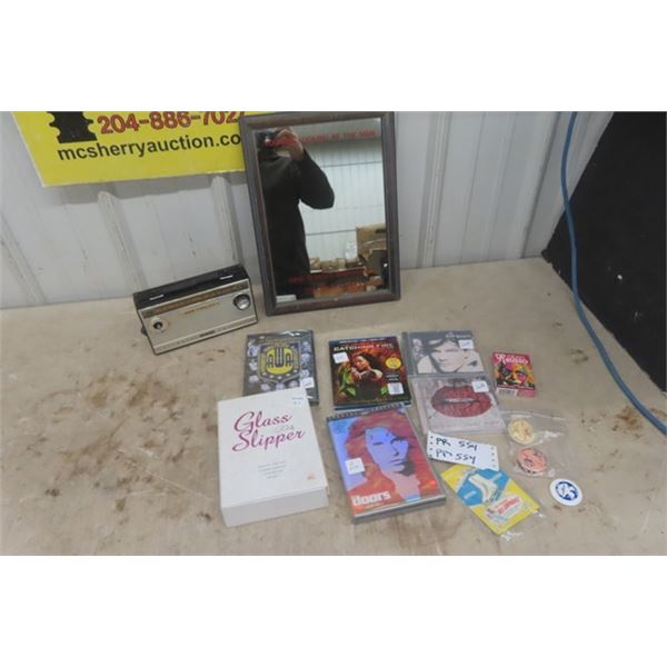 Hi Fidelity Transistor Radio, Mirror with Safety Expression, DVDs + CDs, 70's Wildlife Buttons 