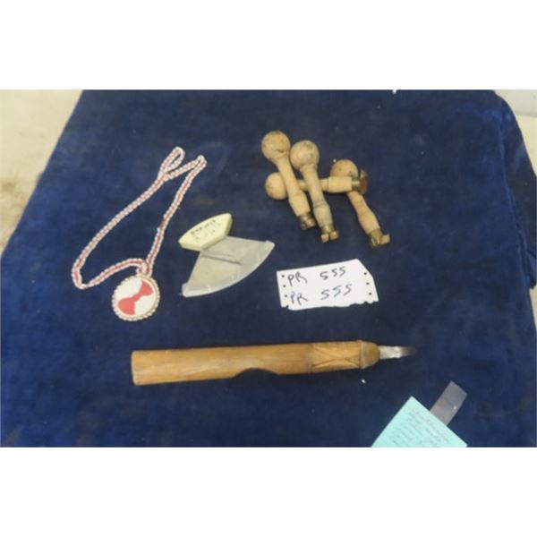 Authentic Hand Made Totem Pole, Carving Tool, Hide Scrape Knife, 4 Handled Stamps, Beaded Indigenous