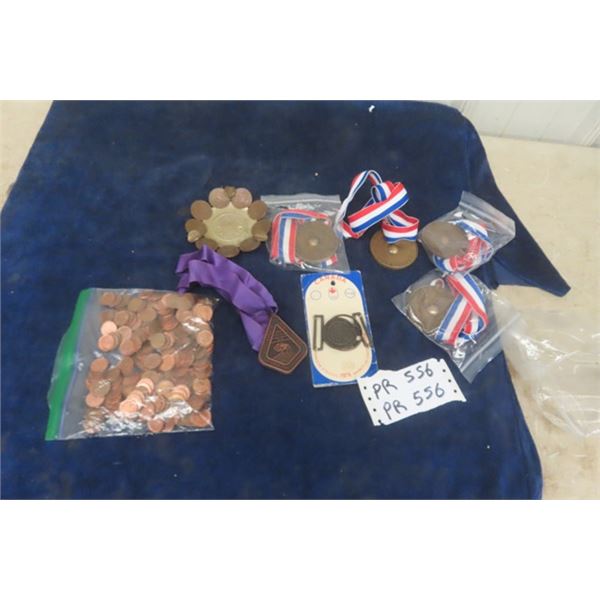 Bag of Pennies , Olympic 1976 Belt Buckle, Sports Award Medals, Ashtray Made of Coins