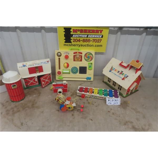 6 Fisher Price Items; Barn, School House, Activity Center, Camera, Queen Bee + Xylophone 